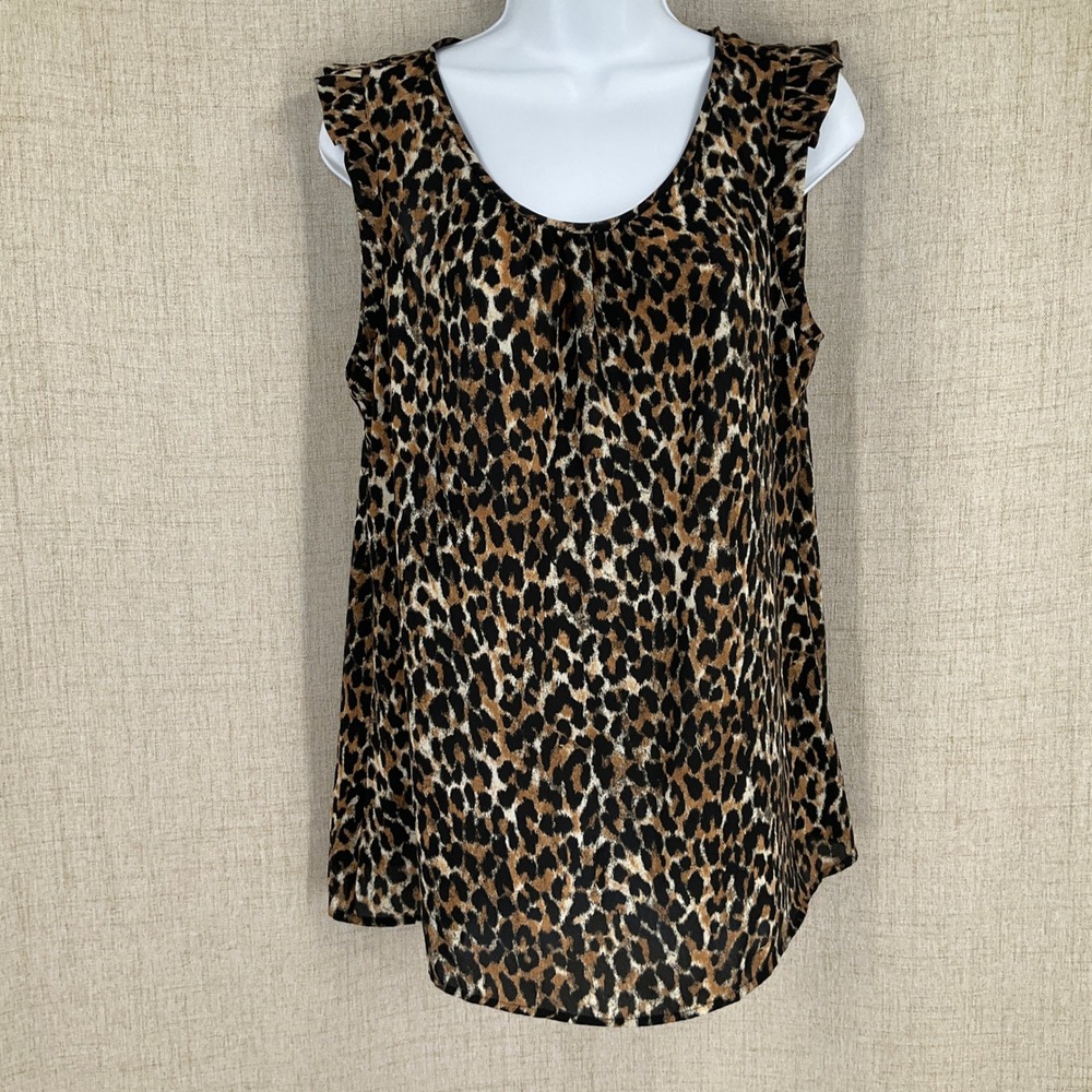 LOFT Blouse Women Large Brown Leopard Print Ruffle Shoulder Classic Layering